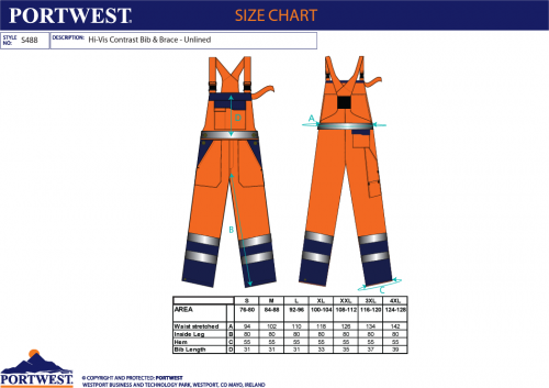 Salopeta cu pieptar Vi-Vis, necaptusita, portocaliu/navy, regular, contrast, Portwest